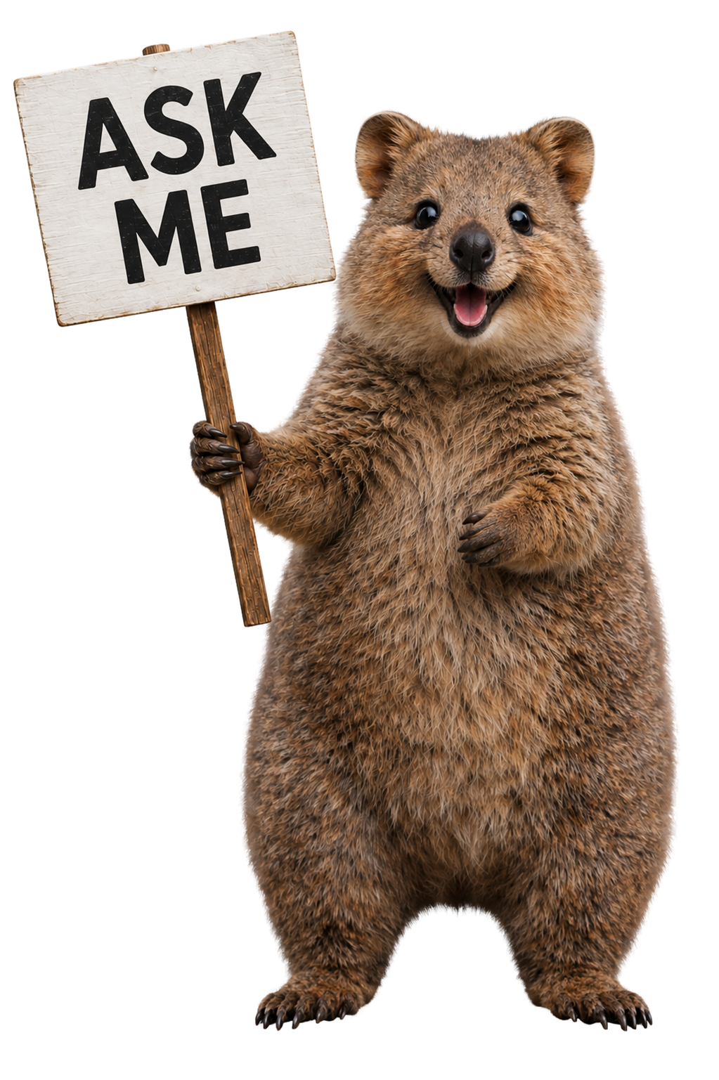 Quokka holding an ASK ME sign